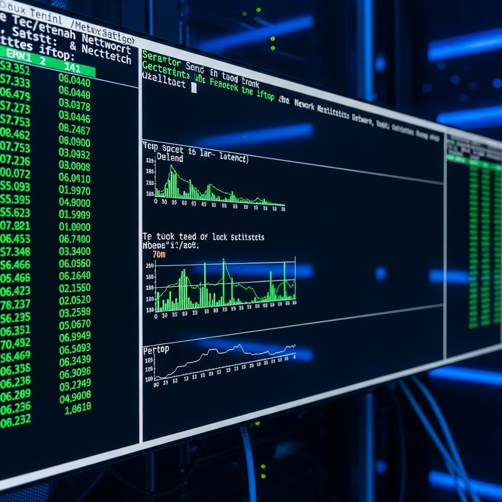 Terminal Linux affichant en temps réel des statistiques réseau avec des colonnes de chiffres défilant, capture d'écran style htop avec graphiques ASCII, fond noir et texte vert fluo, vue rapprochée d'un écran de datacenter moderne avec reflets bleus
