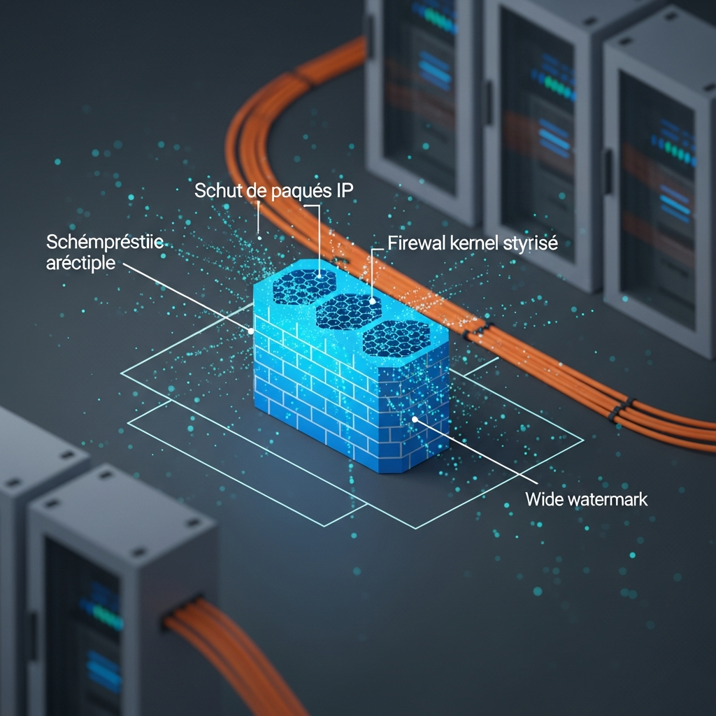 Schéma réseau abstrait en vue isométrique, flux de paquets IP représentés par des particules lumineuses cyan traversant un firewall kernel stylisé sous forme de grille hexagonale bleu foncé, datacenter en arrière-plan flou avec racks et câbles fibre optique oranges