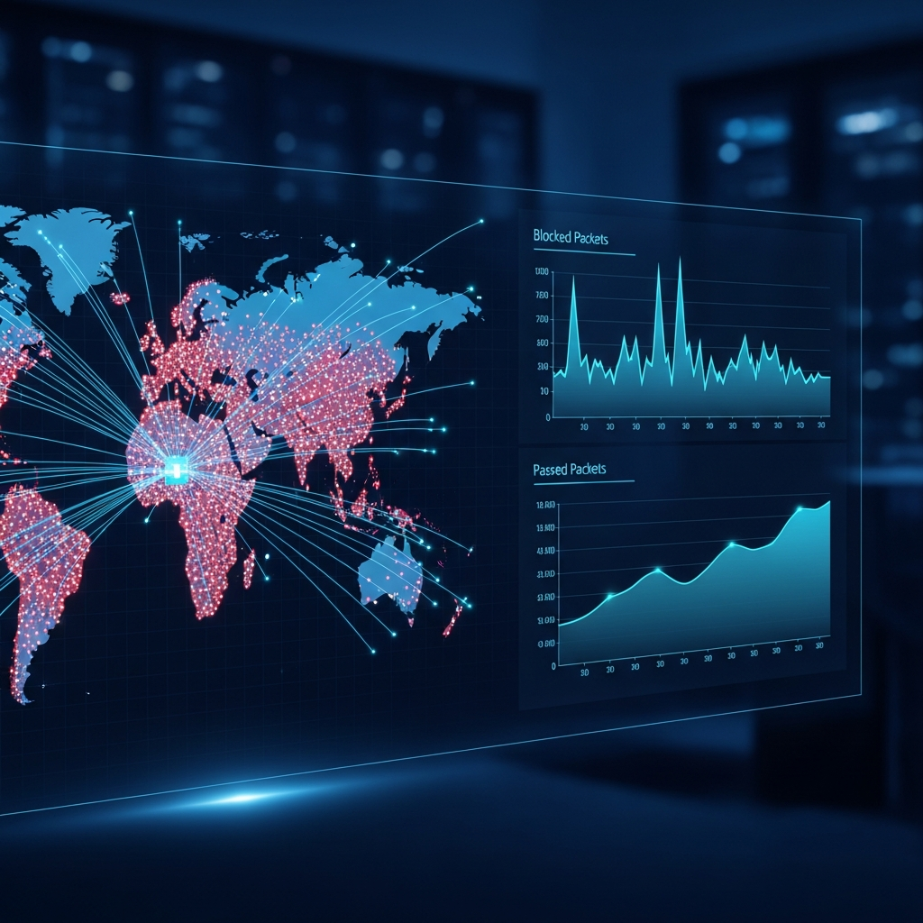 Écran d'un dashboard moderne affichant une carte monde avec des points rouges (sources d'attaque) et des lignes cyan vers un serveur central, à côté de graphiques en temps réel montrant des courbes de paquets bloqués et passés, couleurs dominantes bleu foncé et cyan, ambiance nocturne de centre d'opérations réseau