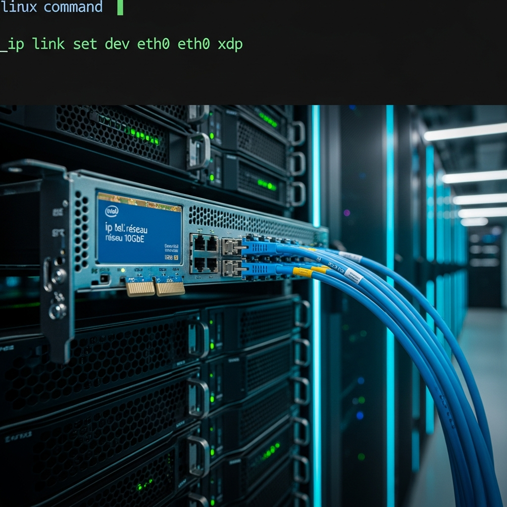 Terminal Linux moderne affichant la commande ip link set dev eth0 xdp, avec en arrière-plan un rack de serveurs dans un datacenter éclairé par des LED cyan, focalisé sur une carte réseau Intel 10GbE avec câbles fibre optique bleus connectés