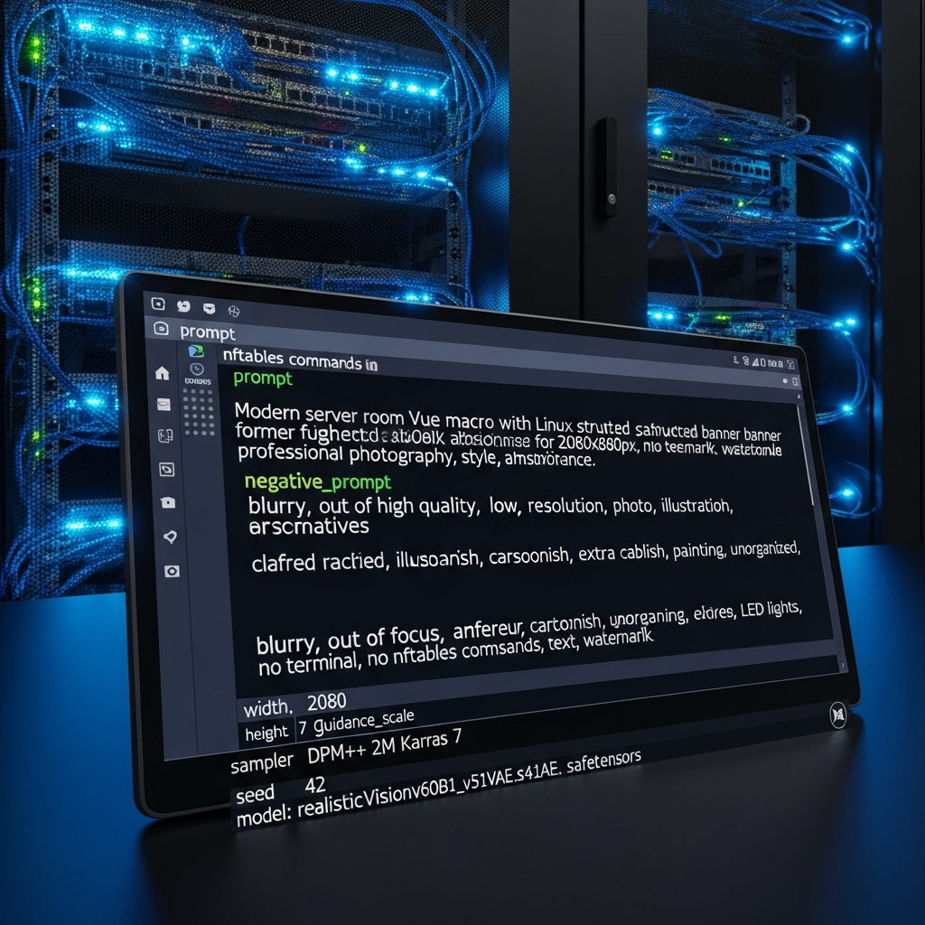 Vue macro d'une salle serveur moderne avec racks de serveurs Linux, câblage réseau structuré bleu et cyan, lumières LED, terminal noir ouvert sur un écran affichant des commandes nftables en blanc et vert, ambiance high-tech professionnelle
