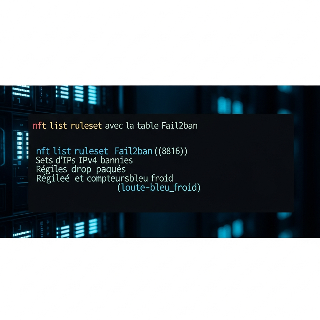 Terminal Linux affichant la commande nft list ruleset avec la table fail2ban, sets d'IPs IPv4 bannies, règles de drop et compteurs de paquets, fond sombre, code coloré, éclairage cyan-bleu froid, style datacenter professionnel