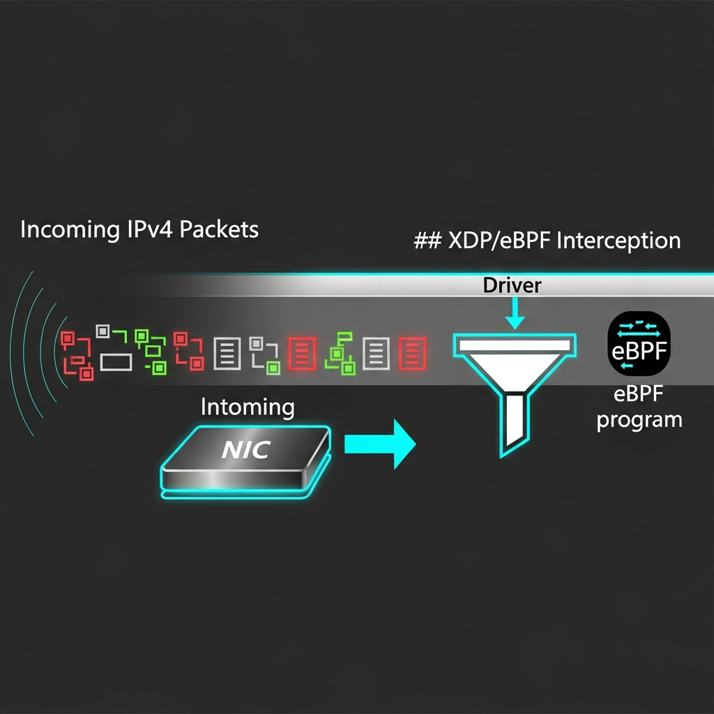 Schéma réseau stylisé montrant un flux de paquets IPv4 traversant une carte réseau, interception XDP/eBPF au niveau driver avec icône de filtre, paquets rouges bloqués avant le kernel, paquets verts acceptés vers nftables et stack TCP/IP, fond gris foncé avec accents cyan lumineux, style diagramme technique moderne