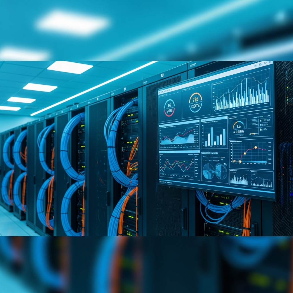 Datacenter moderne avec rangées de racks serveurs, câbles fibre optique bleus et oranges, écran de monitoring affichant des graphiques de trafic réseau en temps réel, ambiance professionnelle avec éclairage LED cyan, style photoréaliste haute définition