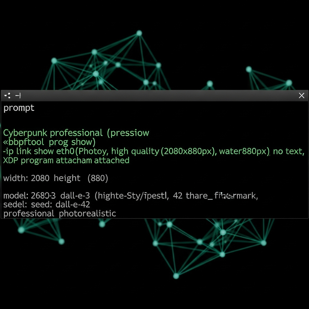 Terminal Linux moderne affichant la sortie de bpftool prog show et ip link show eth0 avec programme XDP attaché, fond noir, police verte monospace, wireframe réseau abstrait en overlay, style cyberpunk professionnel