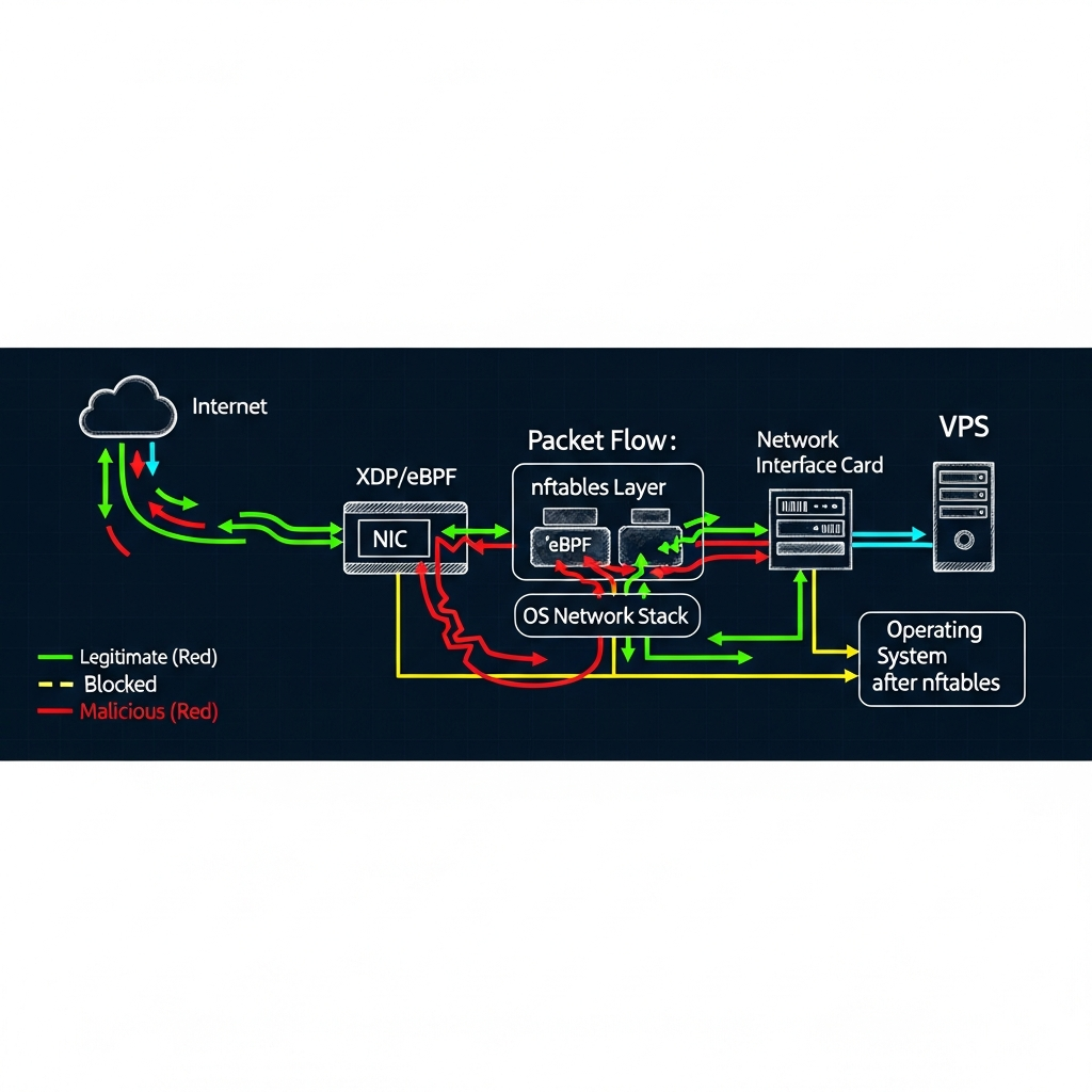 Schéma réseau technique style blueprint montrant le flux de paquets depuis Internet vers un VPS, avec couches XDP/eBPF et nftables annotées, flèches rouges pour trafic malveillant bloqué et vertes pour trafic légitime, fond sombre avec accents cyan et jaune