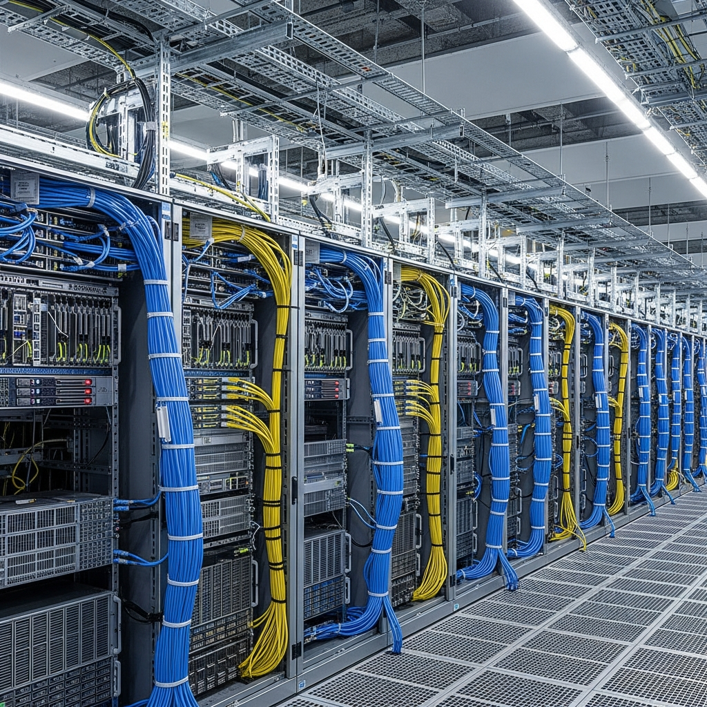 Vue photoréaliste d'un datacenter OVH, racks serveurs alignés avec câblage réseau structuré bleu et jaune, lumière froide LED, sols techniques surélevés, ambiance professionnelle et épurée
