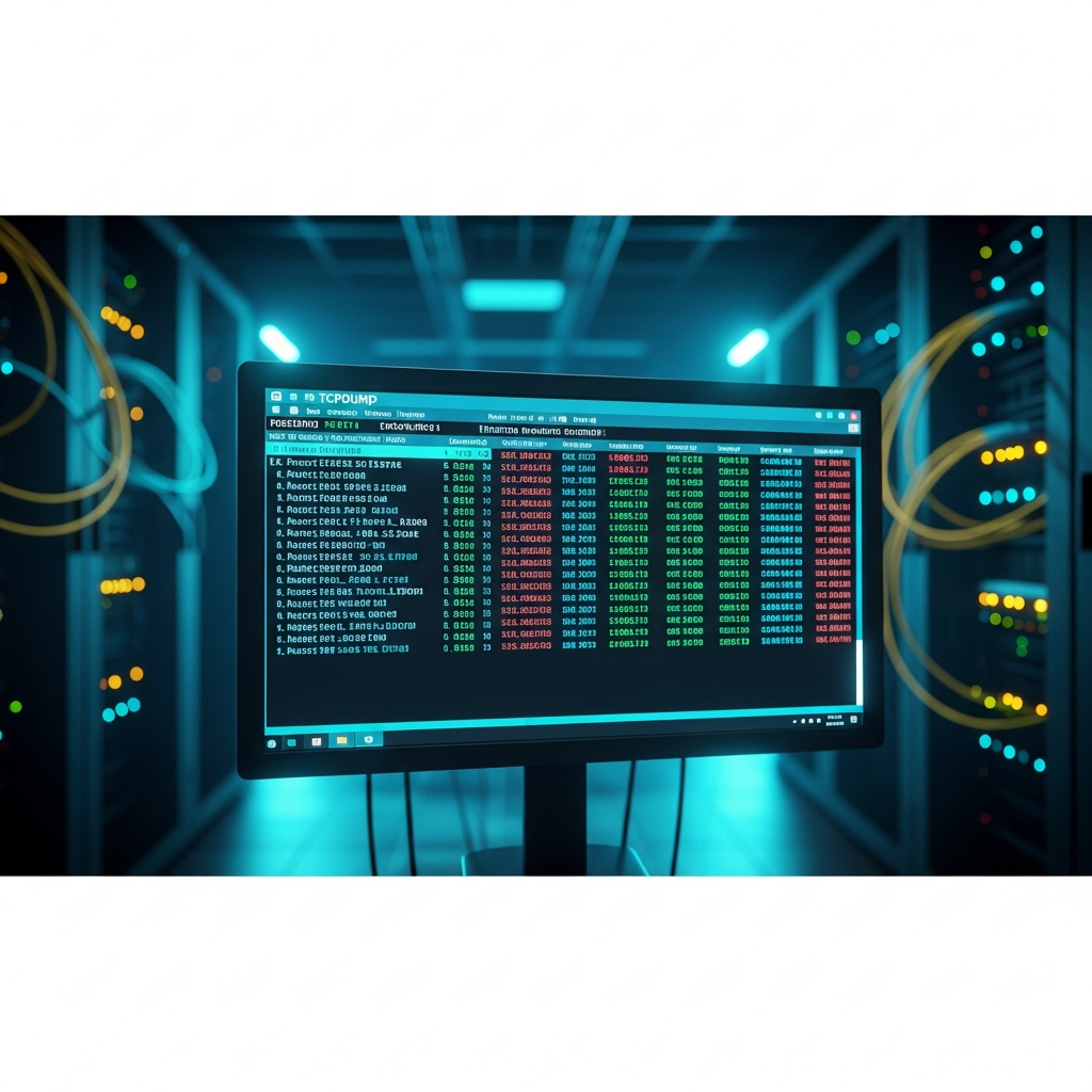 Wide-angle photorealistic view of a Linux terminal displaying tcpdump output with scrolling packet data, network statistics, and source IP addresses, lit by cool cyan monitor glow in a dark server room