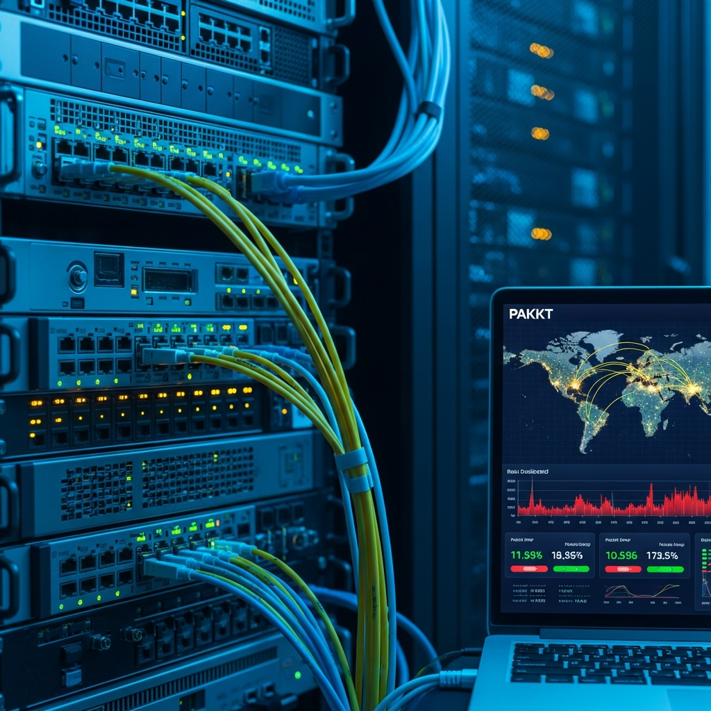 Close-up photorealistic shot of a server rack with blinking network interface LEDs, fiber optic cables in yellow and blue, and a laptop displaying a real-time PAKKT dashboard with world map and packet drop metrics, cool blue ambient lighting