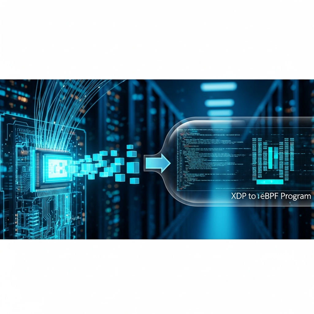 Split-screen diagram showing left side with XDP eBPF program inspecting raw Ethernet frames at NIC driver level, right side with nftables conntrack table tracking established TCP sessions, connected by a flowchart arrow labeled "PASS to netfilter", dark blue and cyan color scheme
