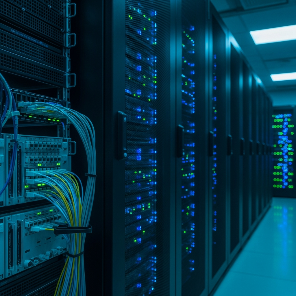 Darkened data center aisle with rows of server racks illuminated by blue and cyan status LEDs, fiber optic patch panels visible in foreground, symbolizing high-throughput network infrastructure where kernel-level packet filtering operates