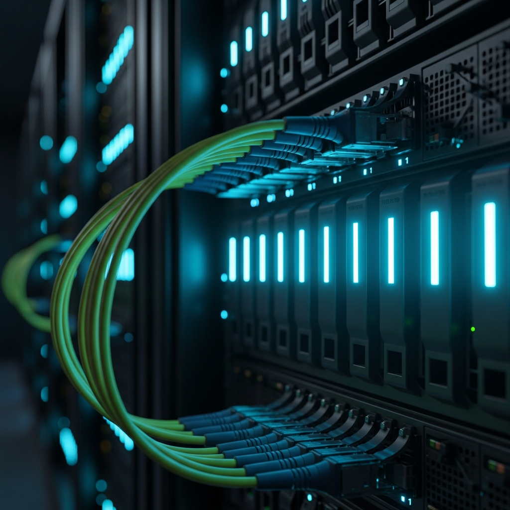 Close-up of a modern datacenter server rack with fiber optic cables plugged into 10G/25G NICs, cyan LED indicators glowing, representing the hardware layer where XDP intercepts packets before kernel stack processing