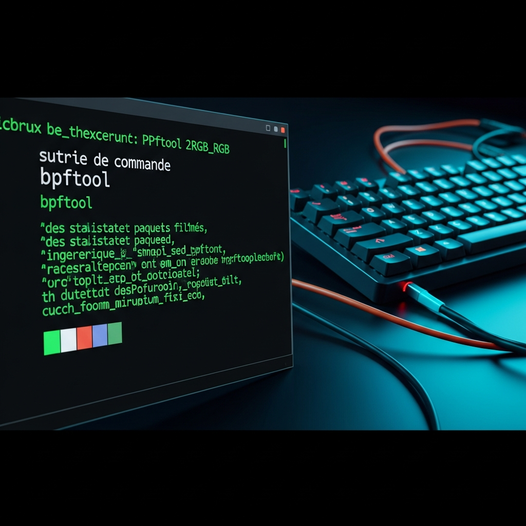 Terminal Linux sur fond noir affichant une sortie de commande bpftool avec des statistiques de paquets filtrés, lignes de code vertes fluorescentes, clavier mécanique RGB en arrière-plan flou, ambiance hacker éthique, reflets cyan sur l'écran, setup technique minimaliste avec câble réseau orange visible