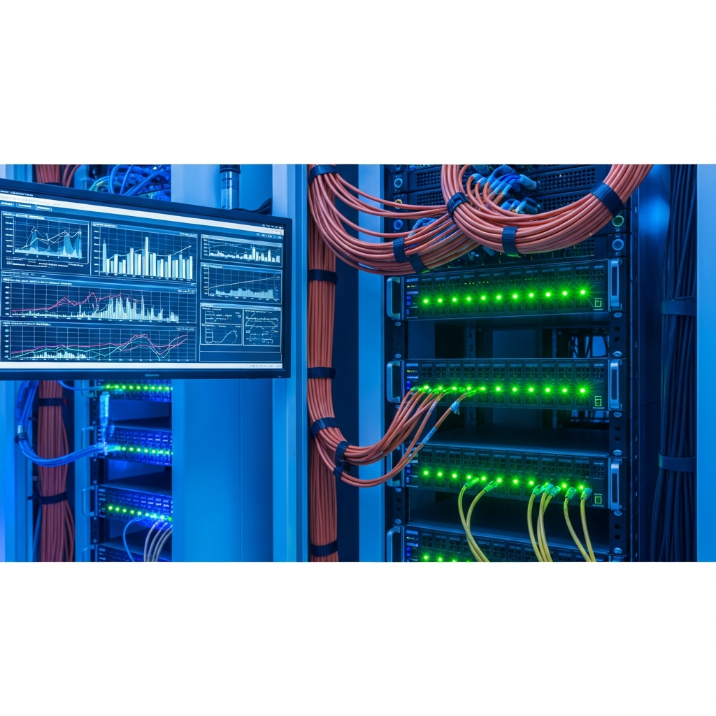 Datacenter moderne avec racks de serveurs illuminés en bleu cyan, câbles réseau orange Cat6 soigneusement organisés, écran de monitoring affichant des graphiques de trafic réseau en temps réel, atmosphère technique professionnelle, éclairage tamisé, focus sur un rack central avec voyants LED verts clignotants
