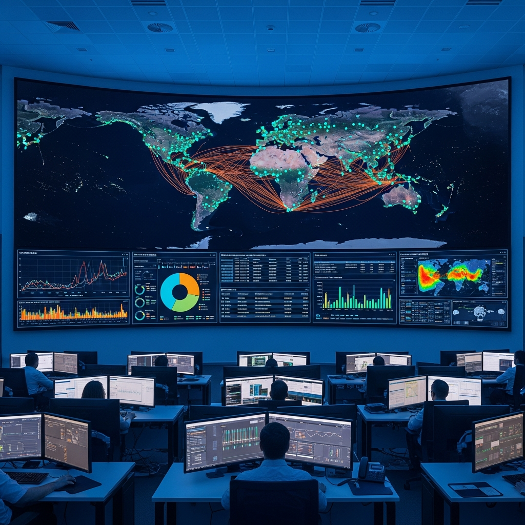 Carte du monde sur écran LED géant dans un centre de commande réseau, points lumineux cyan indiquant des sources de trafic, lignes orange reliant des nœuds géographiques, dashboards avec graphiques de monitoring en temps réel, ambiance NOC professionnel, éclairage bleuté, serveurs rack visibles en arrière-plan