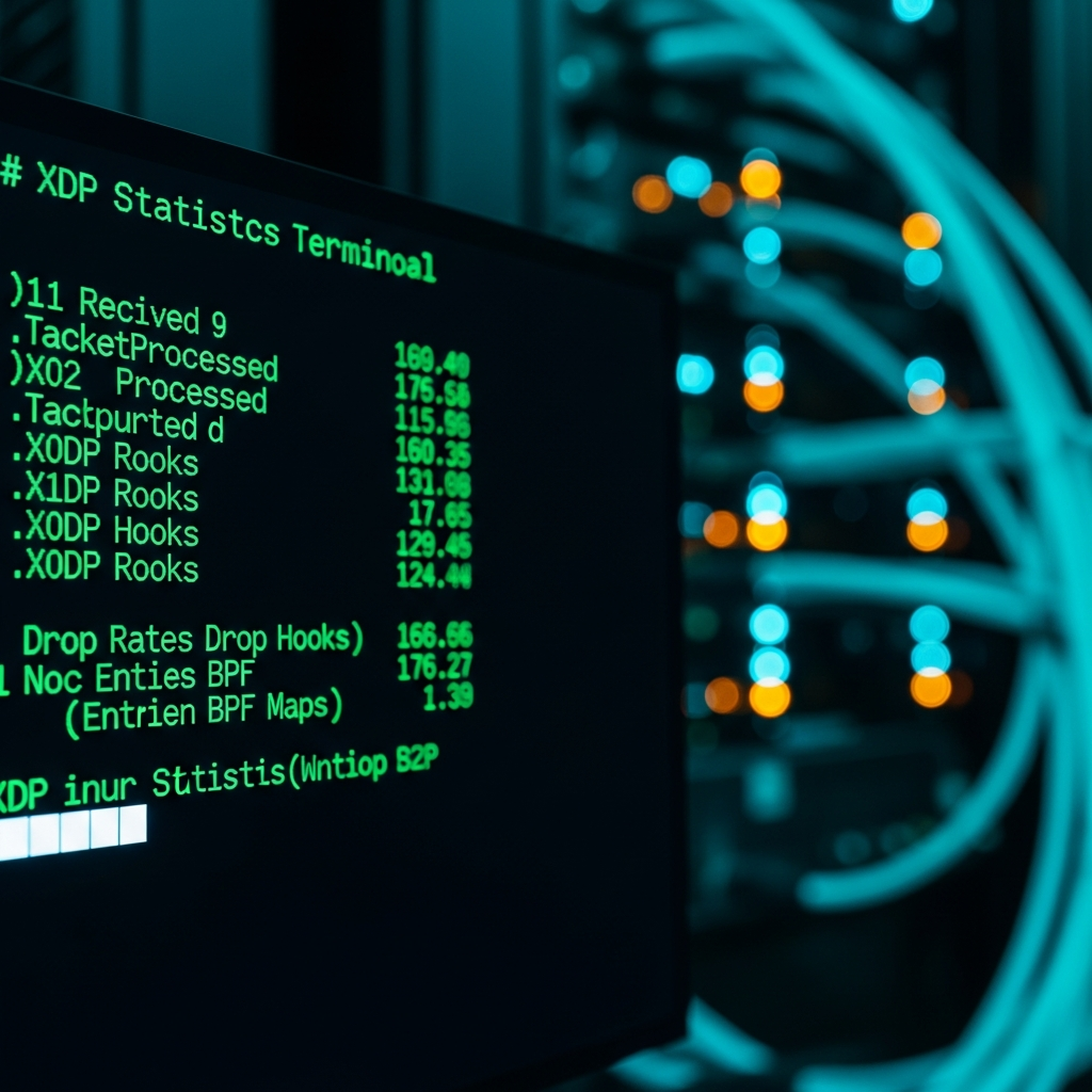 Close-up photorealistic view of a Linux terminal screen displaying real-time XDP statistics, green monospace text on black background showing packet counters, drop rates, and BPF map entries, with a blurred background of server hardware and blinking network LEDs in cyan and amber, shallow depth of field