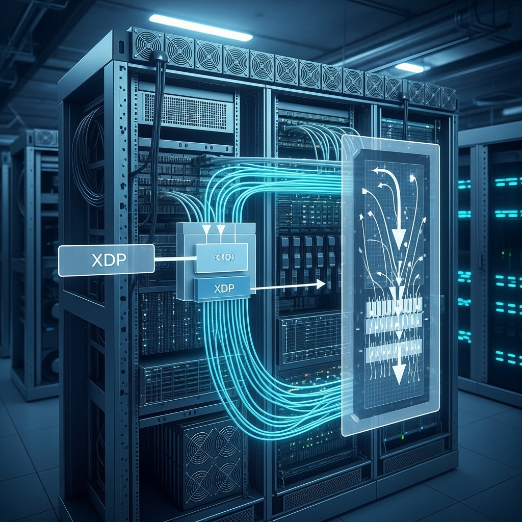 Detailed cutaway diagram of a Linux server rack in a modern datacenter, fiber optic cables glowing cyan, with an overlay of translucent packet flow arrows—some packets stopped at the NIC layer (labeled XDP) before entering the mainboard, others penetrating deeper into a visualization of kernel memory structures, dramatic blue-tinted lighting, photorealistic 3D render