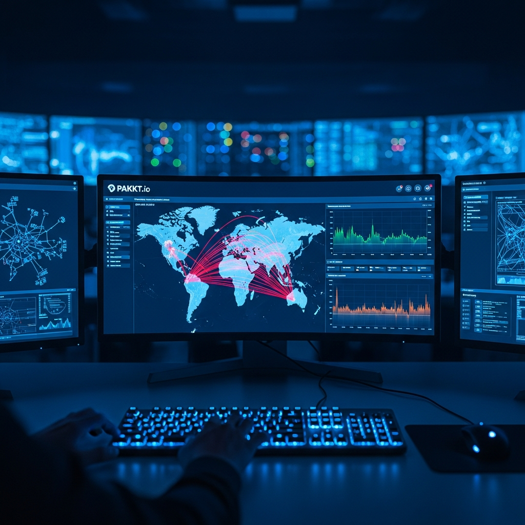 Wide-angle photorealistic shot of a secure network operations center, multiple curved monitors displaying PAKKT.io dashboard with world map GeoIP visualization showing attack traffic origins in red, real-time graphs of packet rates, blue ambient lighting, operator's hands on keyboard in foreground, shallow depth of field focusing on central monitor