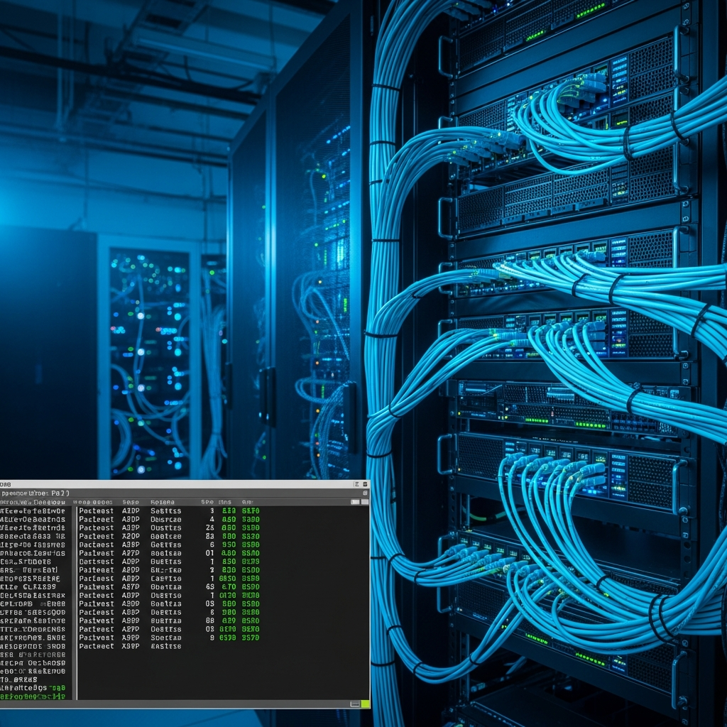 Vue schématique d'un datacenter moderne avec un rack de serveurs reliés par câbles de fibre optique cyan, écran de terminal Linux affichant des lignes de logs XDP avec métriques en temps réel, fond sombre avec LEDs bleues sur le matériel réseau