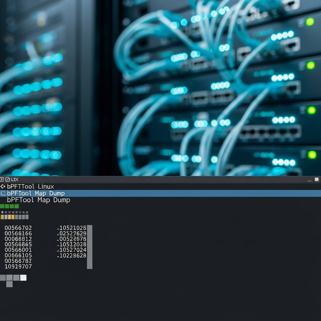 Terminal Linux avec fond sombre affichant la sortie de bpftool map dump, lignes de code hexadécimal et adresses IP, racks de serveurs en arrière-plan flous avec câbles réseaux organisés, éclairage LED cyan sur les switch