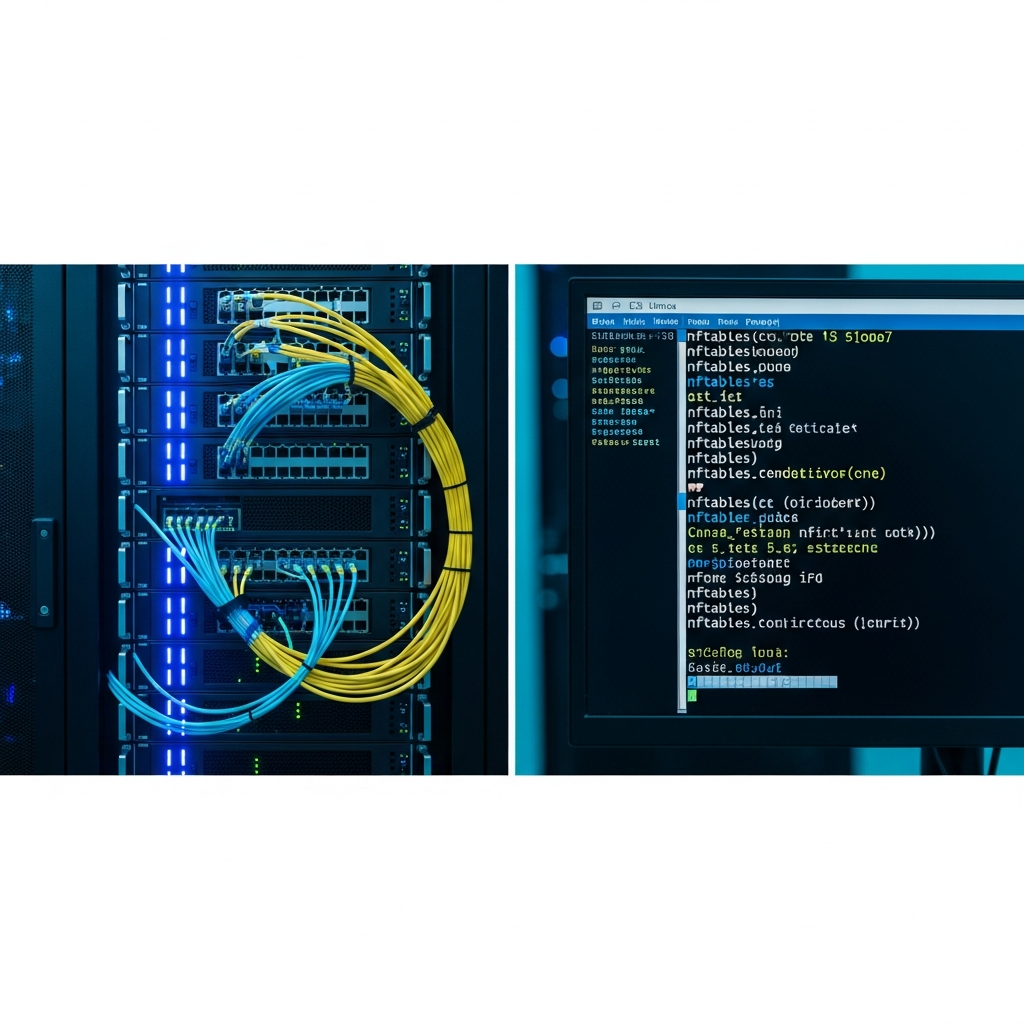 Photorealistic wide shot of a modern datacenter server rack with blue LED indicators, fiber optic cables neatly organized, and a close-up of a Linux terminal displaying nftables rule syntax on a monitor mounted to the rack