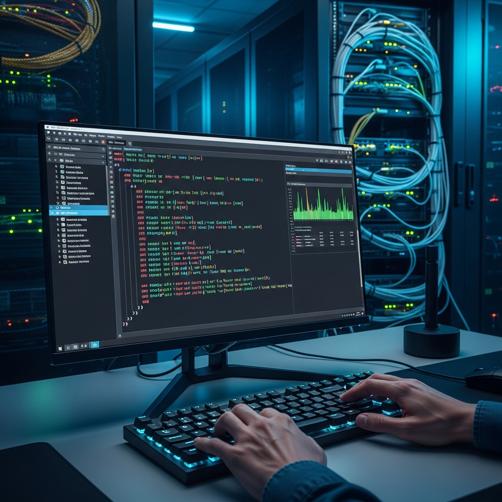 Close-up of a network engineer's hands typing on a backlit mechanical keyboard in a dimly lit server room, with a large monitor displaying colorful nftables ruleset syntax and real-time packet counters, blue and cyan ambient lighting reflecting off server racks in the background