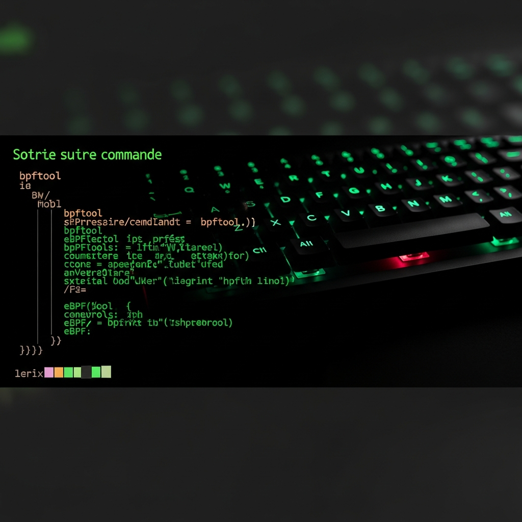 Terminal Linux en gros plan montrant une sortie de commande bpftool avec des lignes de code eBPF, fond sombre avec texte vert fluo, clavier mécanique rétroéclairé en arrière-plan, ambiance de hacker éthique