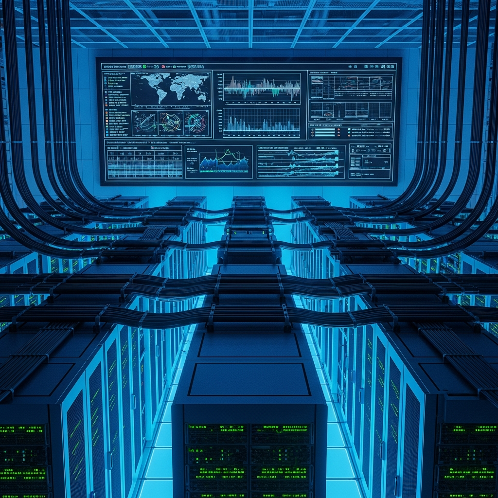 Salle serveur moderne avec racks illuminés en bleu cyan, câbles de fibre optique noirs organisés, écran de monitoring affichant des métriques réseau en temps réel, ambiance high-tech et datacenter sécurisé