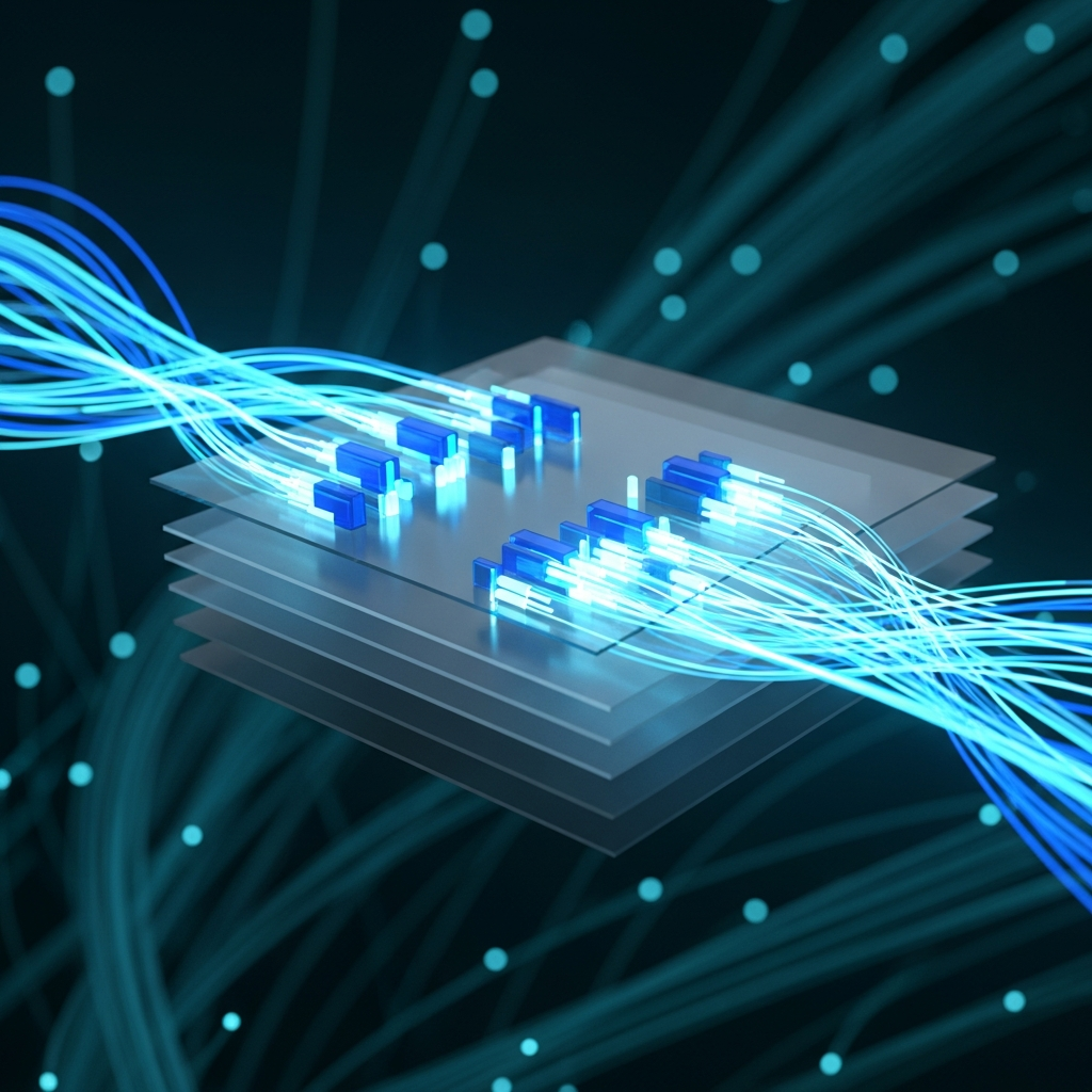 Abstract visualization of network packet filtering at kernel level, glowing cyan and blue data streams being split and filtered through layered transparent planes, dark background with subtle fiber optic cable textures, highly detailed 3D render with depth of field