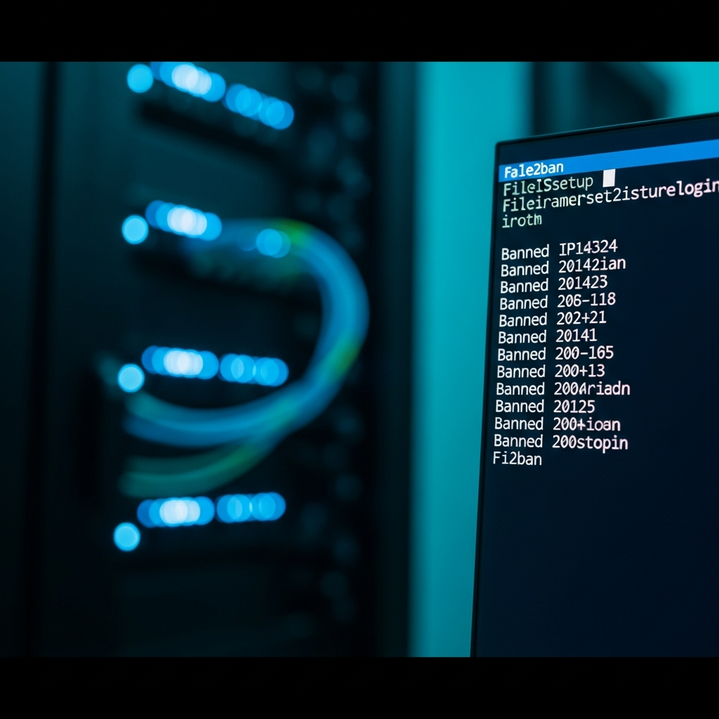Close-up of a Linux terminal displaying fail2ban status output with banned IP addresses in a monospaced font, server rack with blue LED indicators softly visible in the background, shallow depth of field, photorealistic datacenter lighting