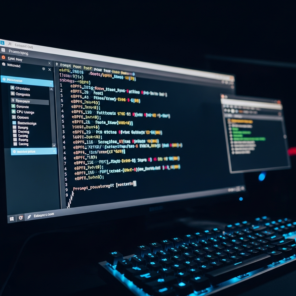 Terminal Linux en gros plan sur fond sombre, lignes de code eBPF visibles avec syntaxe colorée, fenêtre htop montrant utilisation CPU faible malgré trafic réseau élevé, clavier mécanique rétroéclairé bleu, ambiance hacker éthique et DevOps professionnel