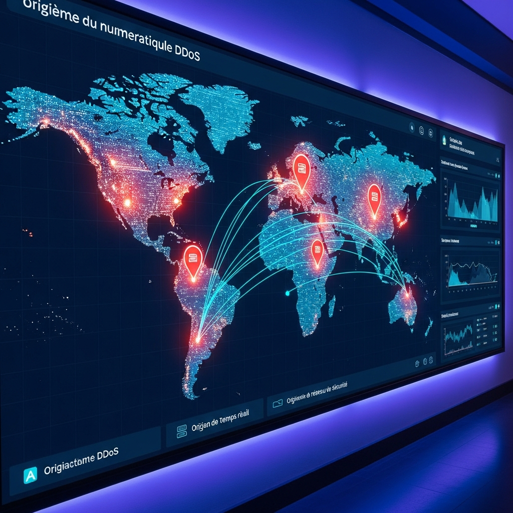 Carte du monde numérique interactive sur écran large, points lumineux rouges indiquant origines d'attaques DDoS, lignes cyan reliant datacenters, dashboard moderne avec graphiques en temps réel, ambiance salle de contrôle réseau cyber-sécurité, lumières tamisées bleu et violet