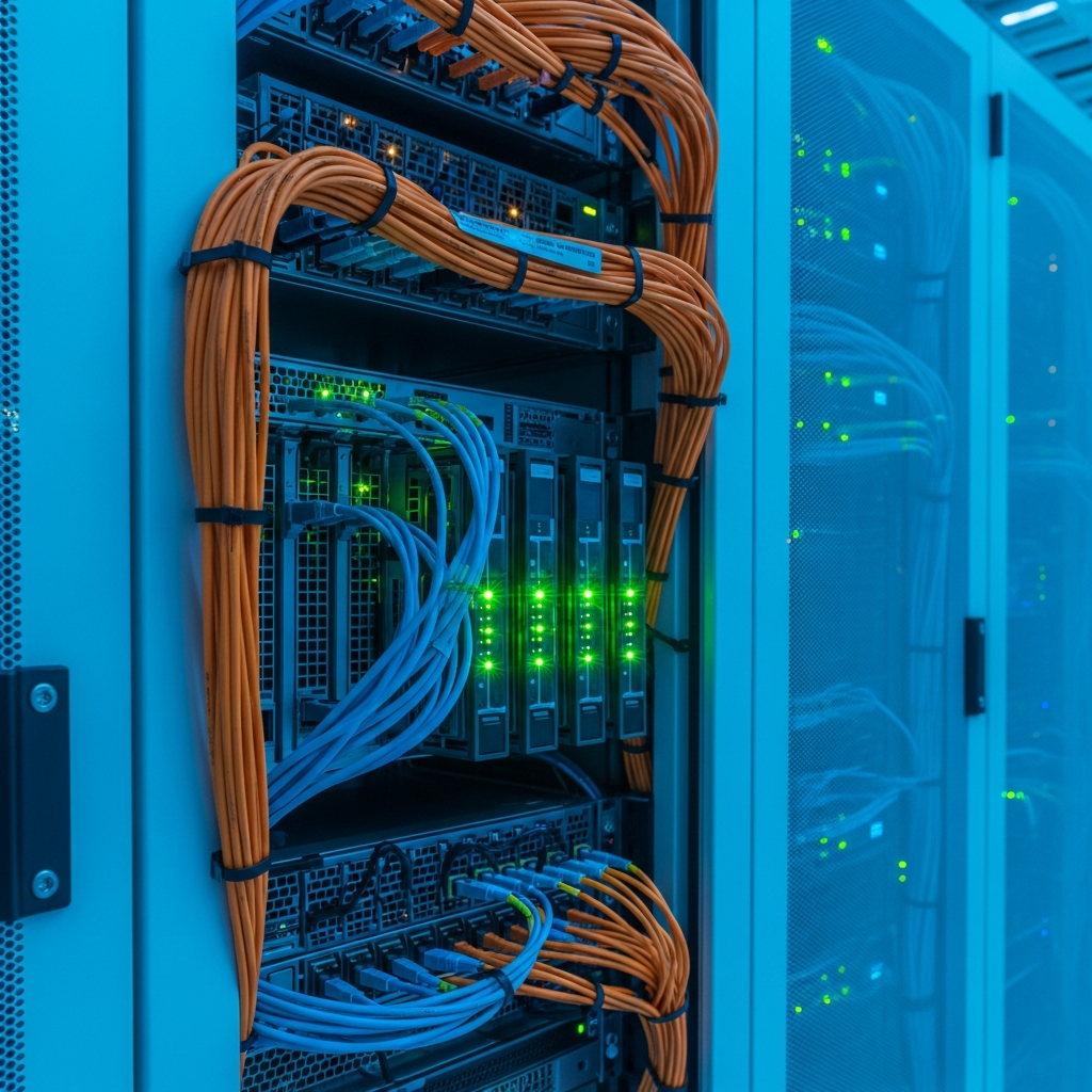 Salle serveur moderne avec racks illuminés en bleu cyan, câbles réseau fibre optique orange et bleu, focus sur un serveur blade avec LEDs vertes indiquant activité réseau, ambiance professionnelle datacenter haute disponibilité