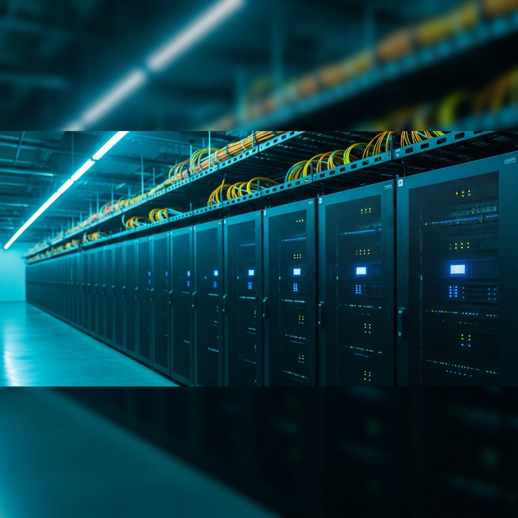 Photorealistic wide shot of a modern datacenter aisle with rows of server racks under cyan LED strip lighting, fiber optic cables neatly bundled overhead, shallow depth of field emphasizing the front rack, industrial concrete floor, clean professional atmosphere