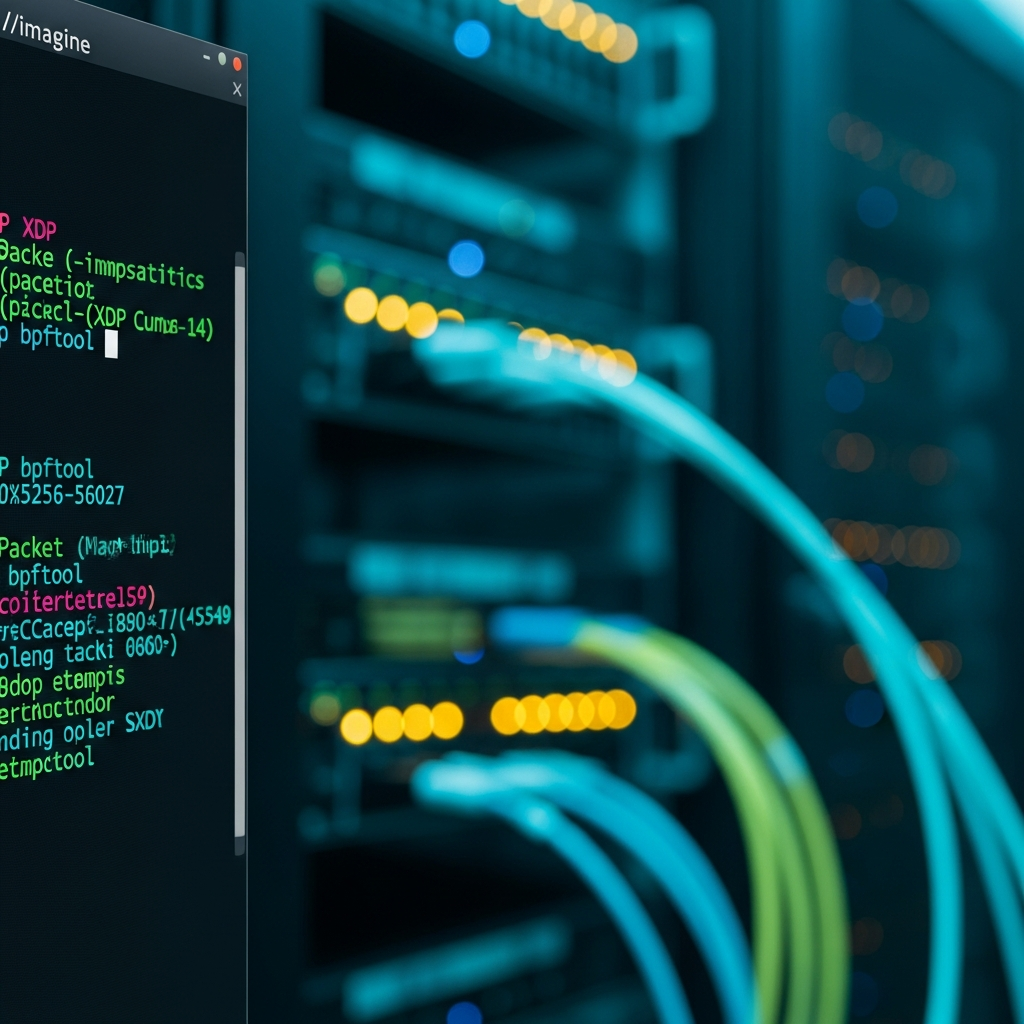 Close-up of a Linux terminal window displaying colorful XDP and bpftool command output with packet statistics and map dumps, dark theme, glowing green and cyan text on black background, shallow depth of field with blurred server rack LEDs in the background