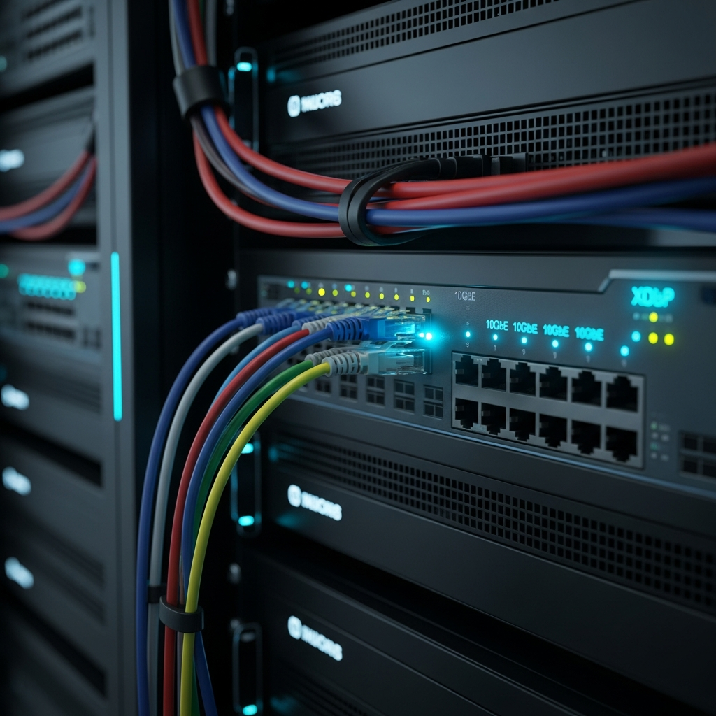 Close-up photorealistic view of a modern datacenter server rack with CAT6 ethernet cables plugged into a 10GbE network switch, cyan LED indicators glowing, showing the physical network layer where XDP operates before packets reach the kernel