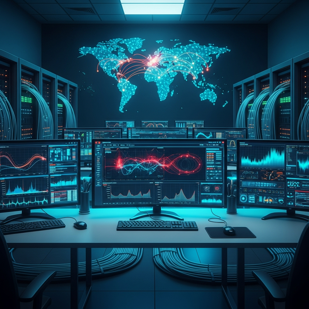 Wide-angle photorealistic view of a network operations center with multiple curved monitors displaying real-time network traffic graphs, world map with glowing connection points, dark ambient lighting with blue and cyan accent lights, showing centralized DDoS monitoring dashboard
