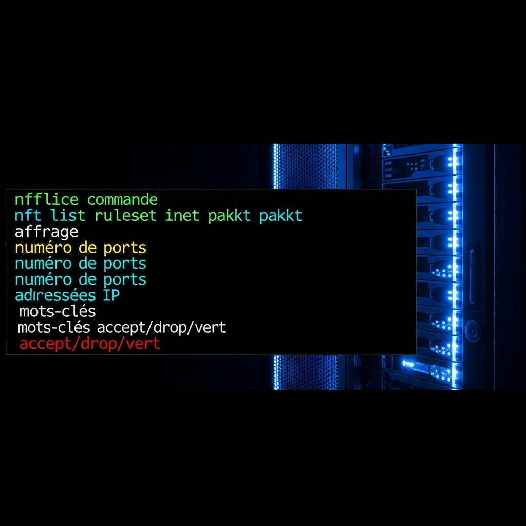 Terminal Linux en gros plan, police monospace verte sur fond noir, affichage d'une commande nft list ruleset inet pakkt avec plusieurs règles colorées (numéros de ports en jaune, adresses IP en cyan, mots-clés accept/drop en rouge/vert), flou artistique sur l'arrière-plan montrant un rack serveur illuminé en bleu