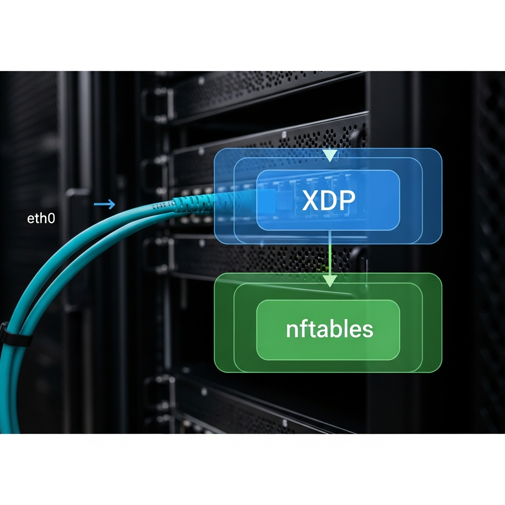 Schéma réseau détaillé montrant un serveur Linux en rack datacenter, avec un câble fibre optique cyan connecté à l'interface eth0, superposition abstraite de paquets réseau filtrés en temps réel par une couche XDP (couleur bleue lumineuse) puis par nftables (couche verte translucide), fond sombre high-tech