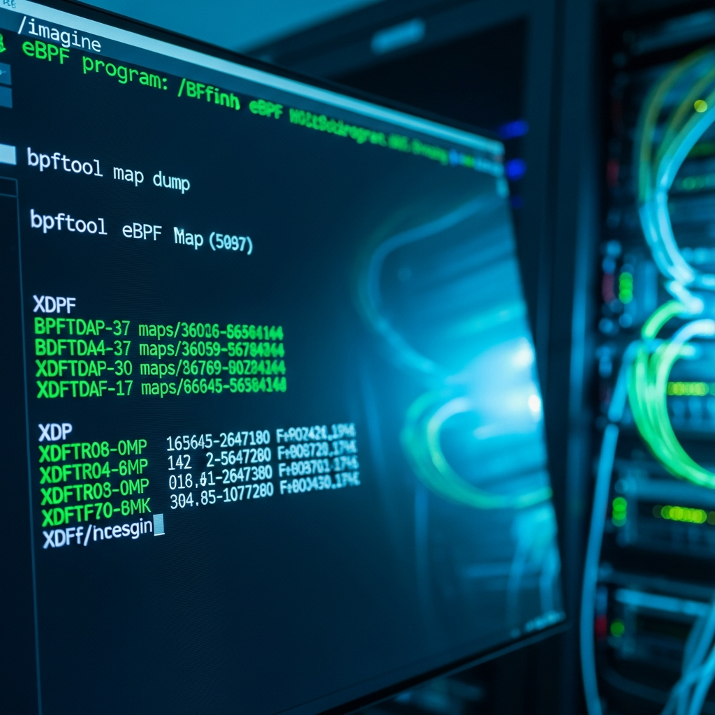 Close-up of a Linux terminal displaying eBPF program output with green monospaced text showing bpftool map dump commands, hexadecimal BPF map entries, and XDP statistics, dark background, realistic screen glow, representing kernel-level packet filtering diagnostics