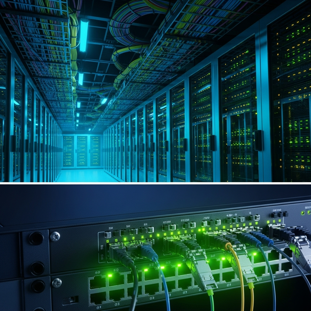 Photorealistic datacenter aisle with rows of illuminated server racks in cyan and blue lighting, fiber optic cables organized in overhead cable trays, close-up of a network switch with SFP+ transceivers glowing green, representing high-performance network infrastructure for game server hosting