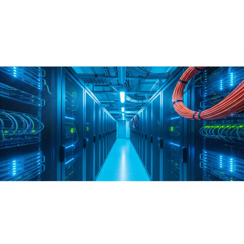 Vue en plongée d'un datacenter moderne avec rangées de racks serveurs éclairés en bleu cyan, câbles réseau structurés en faisceaux orange et fibre optique, lumière tamisée, atmosphère technologique et sécurisée, représentant une infrastructure cloud distribuée