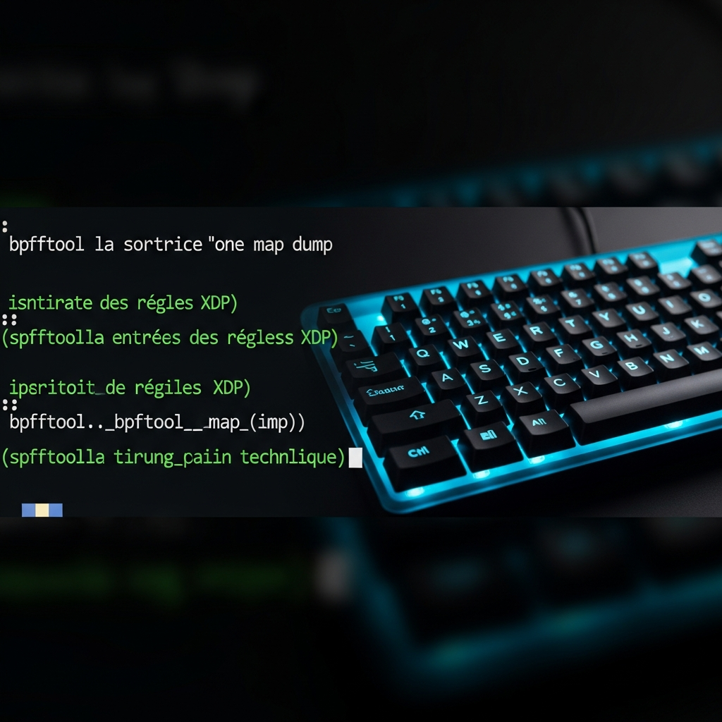 Gros plan sur un terminal Linux affichant la sortie de bpftool map dump avec des entrées de règles XDP, fond sombre, lignes de code en vert fluo, clavier mécanique rétroéclairé en cyan visible en arrière-plan, ambiance hacker éthique et précision technique