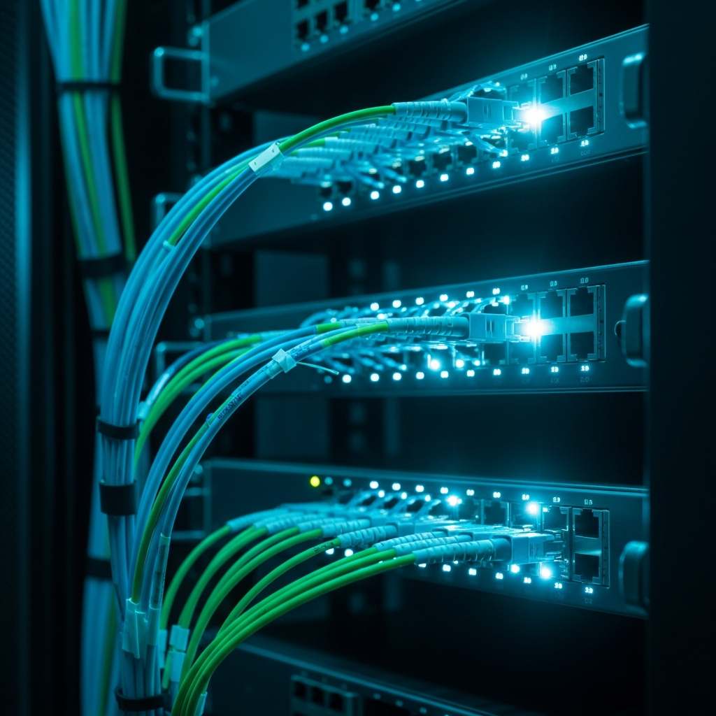 Close-up view of fiber optic cables connected to network switches in a datacenter rack, cyan LED indicators glowing, representing the physical layer where XDP packet filtering occurs before traffic reaches the CPU