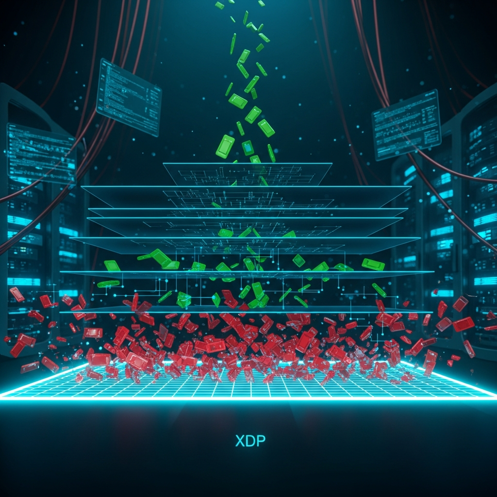 Abstract 3D visualization of network packet filtering layers, showing malicious red packets being dropped at the XDP layer (bottom, glowing cyan grid) while legitimate green packets pass through to the application layer above, dark blue technology aesthetic