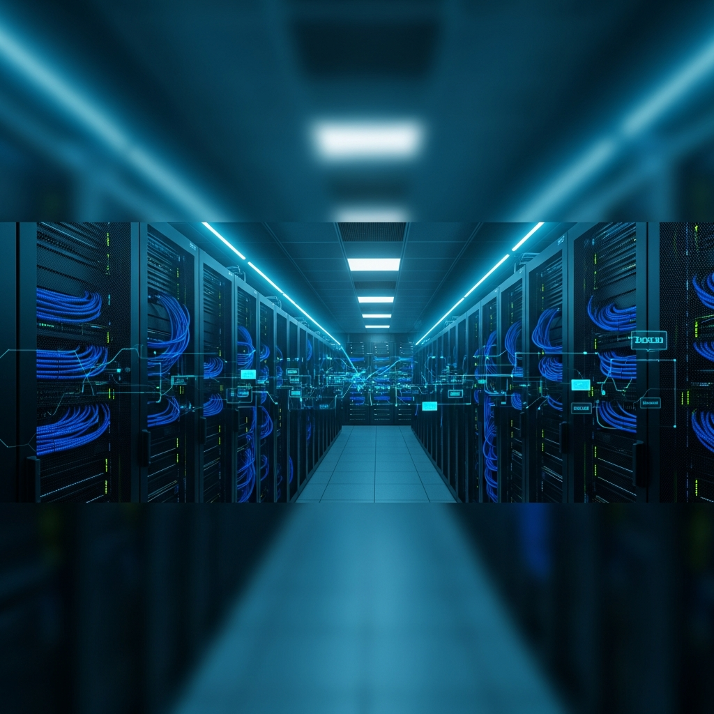 Wide shot of a modern datacenter server room with rows of black racks, blue cable management, and ambient cyan lighting, symbolizing the infrastructure layer where kernel-level DDoS protection operates