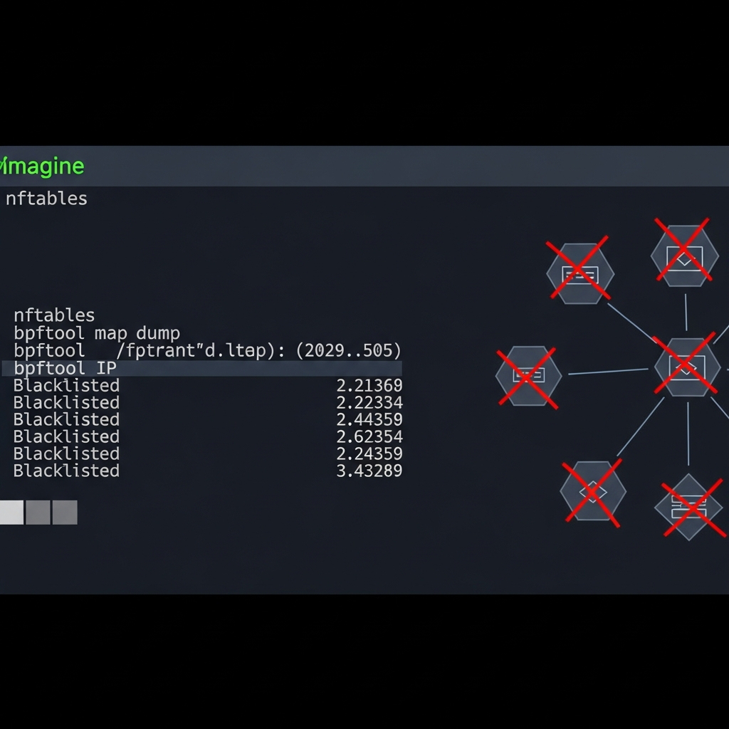 Terminal Linux moderne affichant des lignes de commande nftables et bpftool, arrière-plan sombre avec prompt vert fluo, output de bpftool map dump montrant des entrées d'IPs blacklistées, schéma réseau stylisé en arrière-plan avec paquets filtrés représentés par des hexagones rouges barrés
