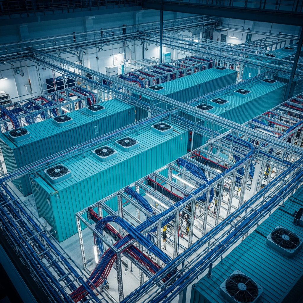 Vue aérienne d'un datacenter OVH avec ses containers frigorifiques cyan, racks métalliques alignés, fibres optiques bleues et rouges interconnectées, éclairage tamisé blanc et bleu, ambiance industrielle high-tech