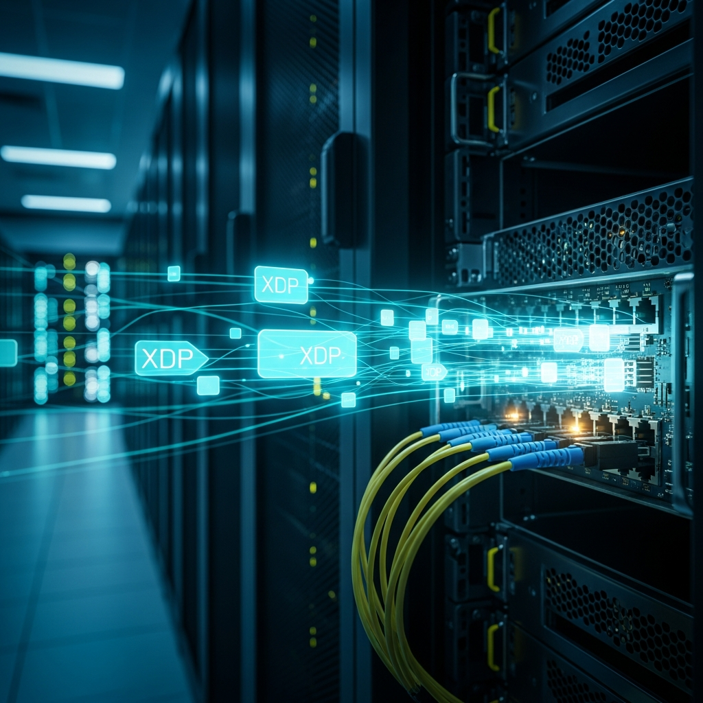 Close-up of a modern network interface card installed in a rack-mounted server, fiber optic cables connected, with abstract glowing cyan data packets flowing through transparent overlays, representing XDP packet filtering at the driver layer in a professional datacenter environment