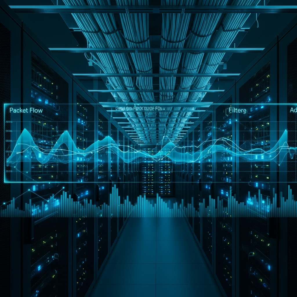 Wide-angle view of a dark datacenter aisle with rows of server racks illuminated by blue LED indicators, fiber optic cables neatly bundled overhead, abstract holographic overlays showing real-time packet flow graphs and filtering metrics, conveying high-performance network infrastructure